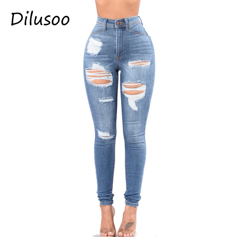 Dilusoo Vrouwen Hoge Taille Jeans Broek Elastische Gaten Denim Jeans 4 Seizoen Potlood Broek Ripped vrouwen Casual Jeans Broek