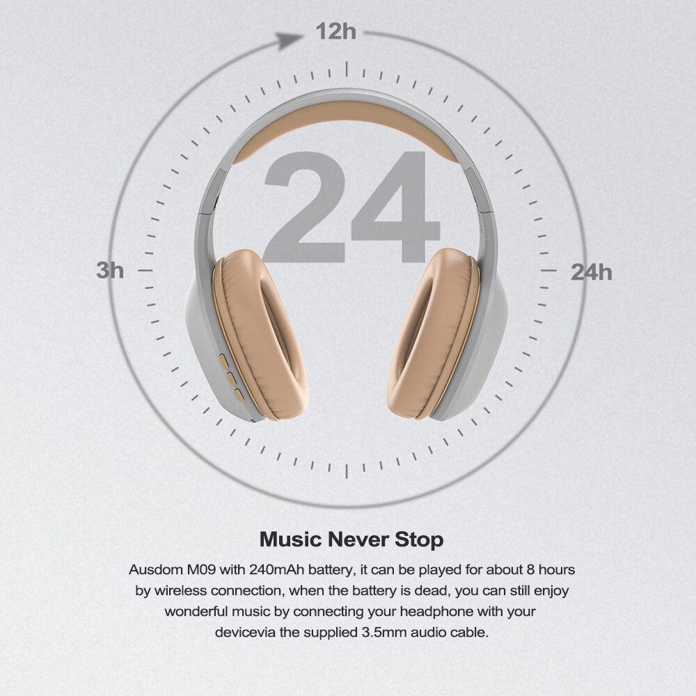 AUSDOM M09 Wireless Headphones Bluetooth 5.0 Headset Foldable Deep Bass Bluetooth Headphone for iPhone Xiaomi Support TF Card