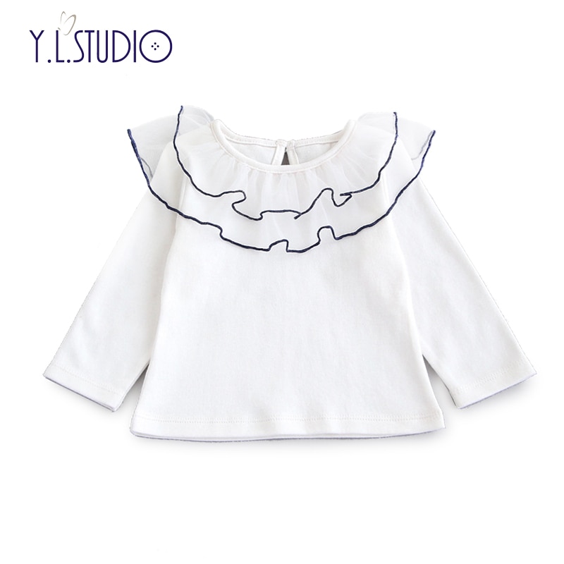 Baby Mädchen Spitzen T-Shirt Gittergewebe Volant Kragen Zurück-Eröffnung Reine Baumwolle T lang Ärmel T-Shirt Kleinkind Mädchen Kleidung Art kleidung