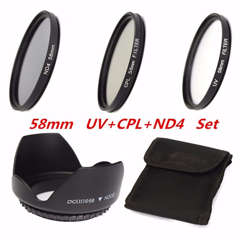 FREYA 58mm UV CPL ND4 Circulair Polarisatie Filter Kit Set + Zonnekap Met Case Voor Canon Digitale Camera SLR DSLR