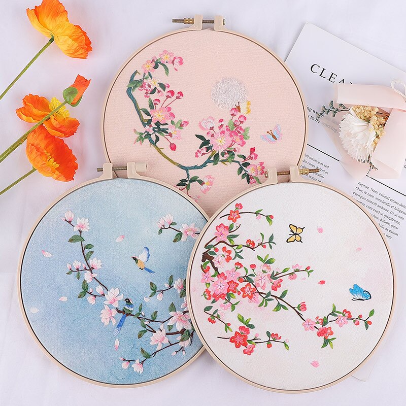 Chinese Flower Pattern Printed DIY Embroidery Kit with Hoop Handmade Needlework Cross Stitch Painting Sewing Craft Home Decor