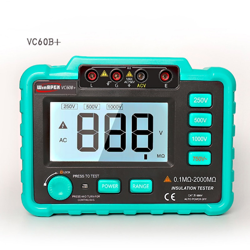 VC60B+ Digital Insulation Resistance Tester 250V/500V/1000V Insulation Impedance Tester DC/AC 0.1~2000M ohm