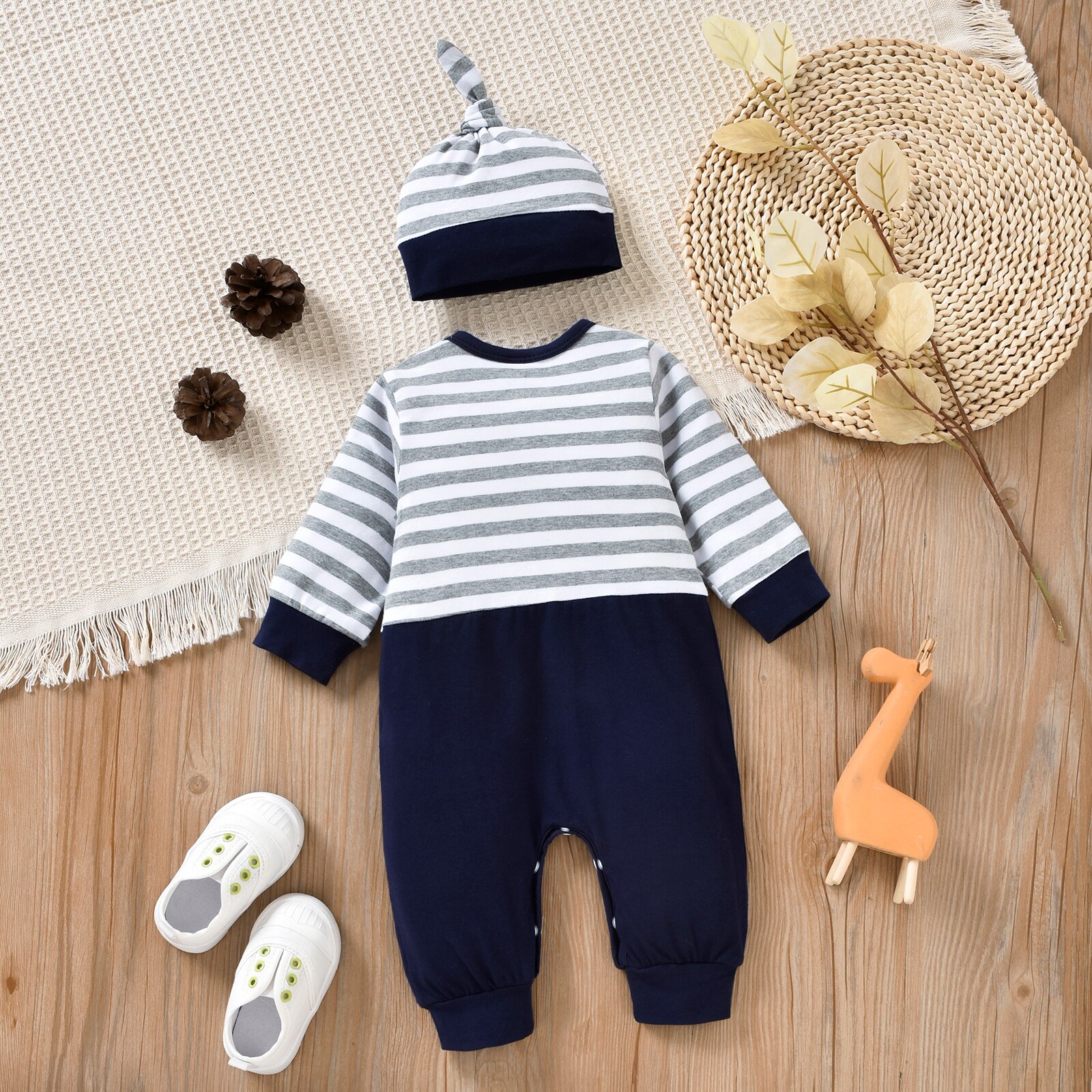 Pasgeboren Baby Jongen Rompertjes Set Tijger Patroon Gestreepte Print Lange Mouwen Jumpsuit Met Beanie Hoed