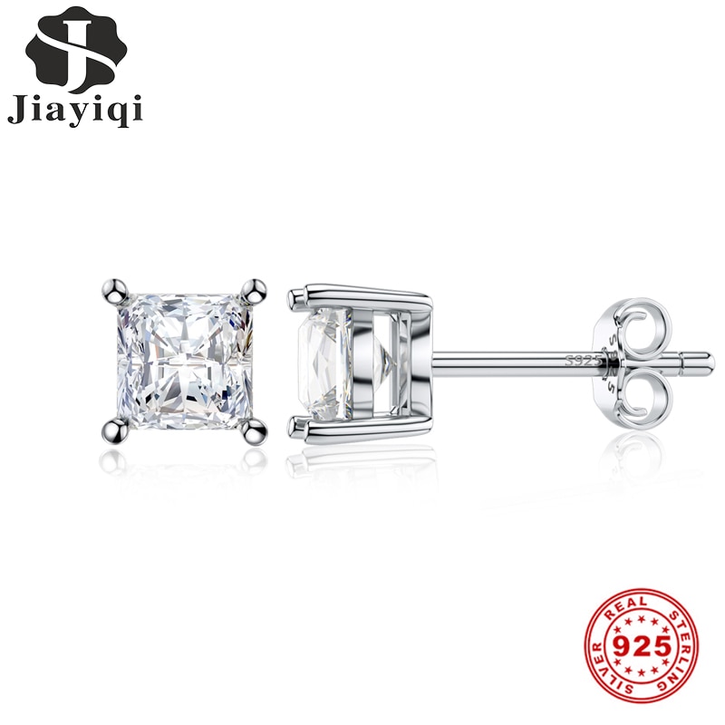 Jiayiqi 925 Sterling Zilveren Vier-Post Vierkante Crystal Zircon Silver Stud Oorbellen Voor Vrouwen Sterling Zilver 925 Sieraden