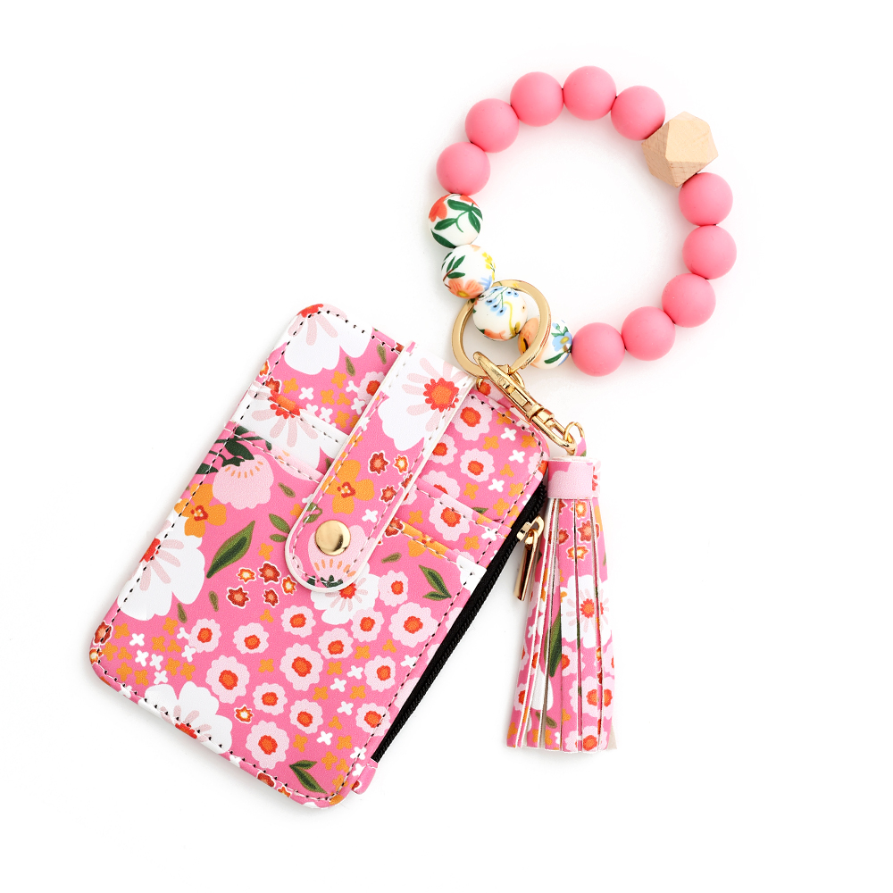 Silicone bead pu leather key chain wristlet id credit card holder keychain wallet for women Pink Flower Print Wallet: Blue