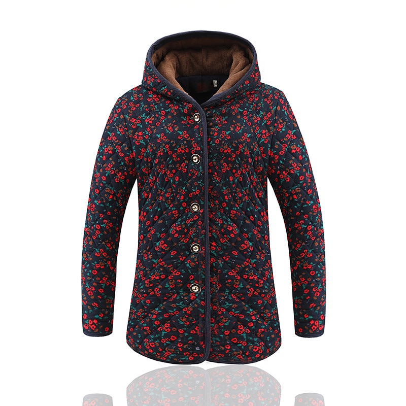 Plus size oudere vrouwen winterjas met capuchon warm plus fluweel dikke katoenen jas oma losse bedrukte winterparka bovenkleding