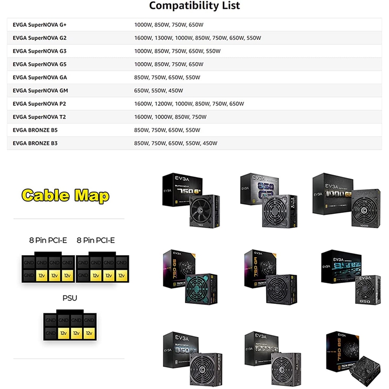 PSU VGA Male to Dual PCIe 8 (6+2) Pin Male PCIE GPU Power Cable for EVGA G+G2 G3 G5 GA GM B3 B5 T2 Modular Power Supply
