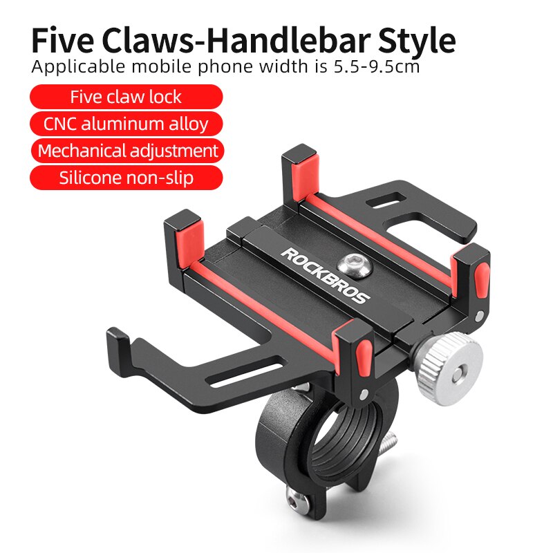 ROCKBROS Motorcycle Electric Bicycle Phone Holder Smartphone CNC Aluminum Alloy Bracket Five Claws Mechanical Bike Phone Holder: Red