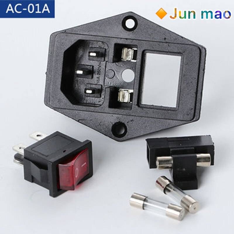 1PCS 10A 250VAC 4 Pin IEC320 C14 inlet connector plug AC power socket with red lamp rocker switch 10A fuse holder: AC-01A