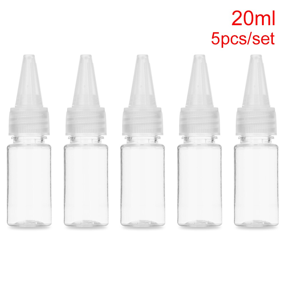 5 stk/sæt 10-250ml tomme dråbeflaske med børnesikret låg plastdyse dråbehætte nyttig bærbar genopfyldelig klemflaske: 20ml