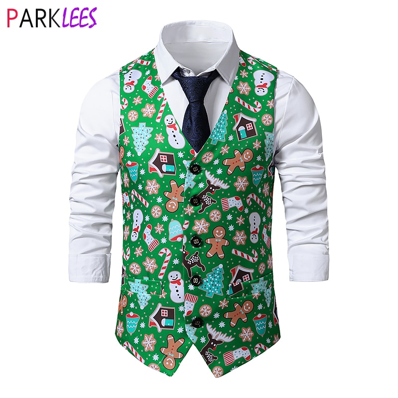 Groene Kerst Vest Mannen Mode Gingerbread Man Snowflake Print Vesten Mannen Navidad Party Festival Kostuum Chaleco