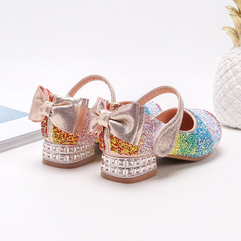 Lemai nó azul sapatos de couro para meninas novo 2021 criança arco-íris lantejoulas princesa sapatos crianças de cristal de salto alto único sapatos