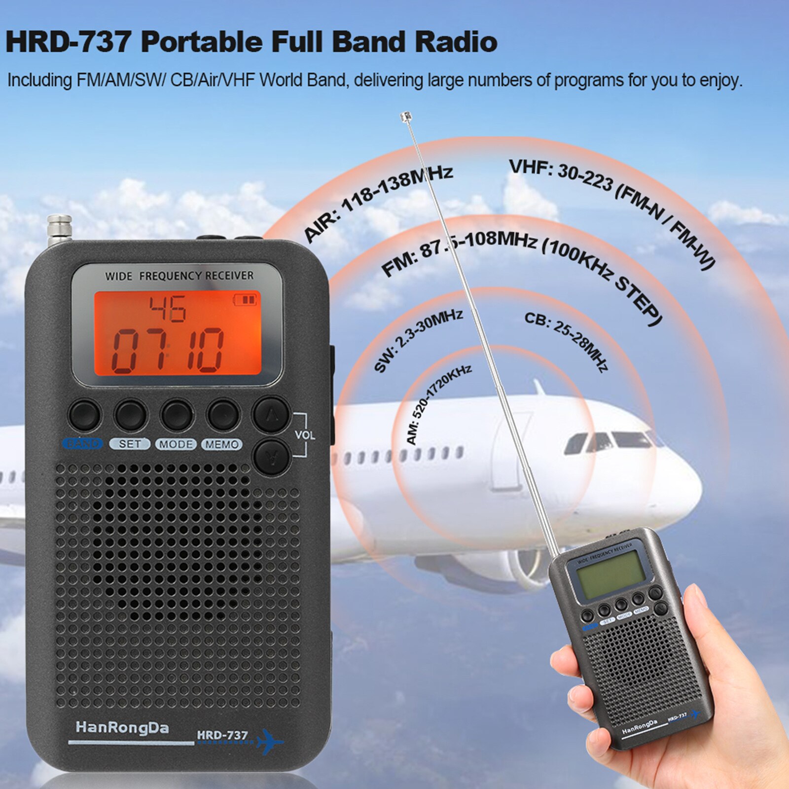 Portable Aviation Band Radio Off-road Hobby VHF Channel Reception Multi-function Full Band Radio FM AM SW Radio Receiver