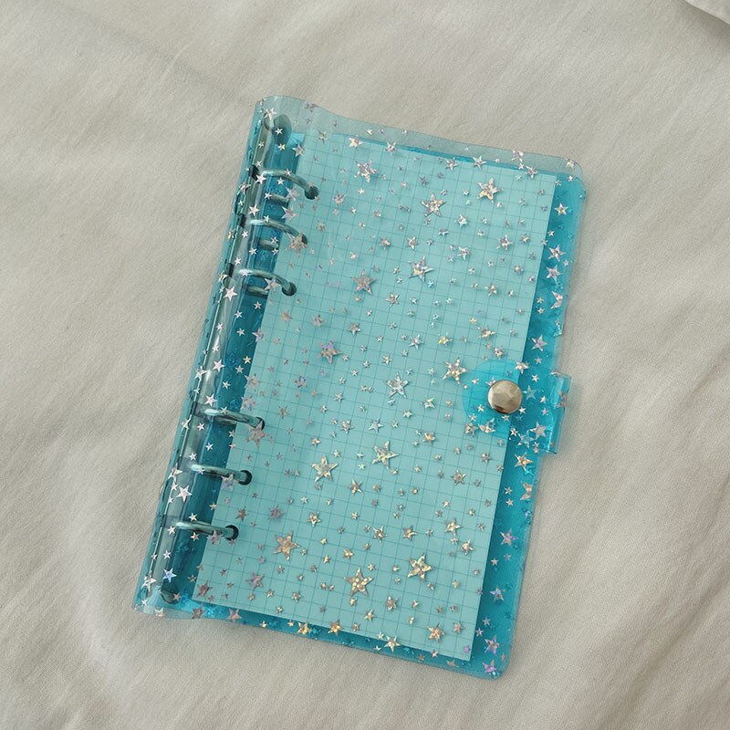 A6 glitter notesbog 6 ringe ringbind løst blad gennemsigtig mappe planlægger kawaii papirvarer journal notesbog kontorartikler: Blå stjerne