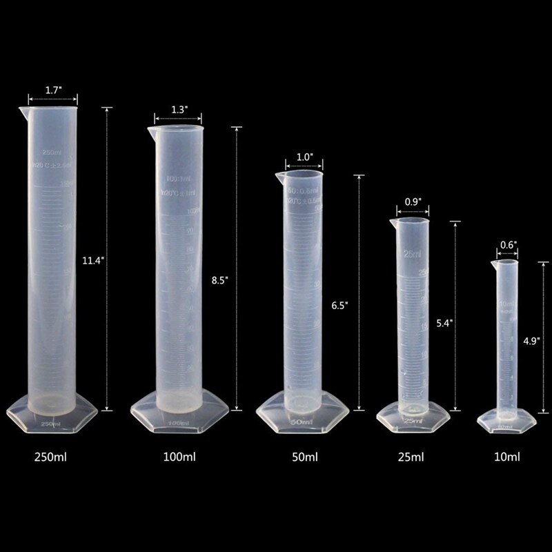 5 Pcs Clear Plastic Graduated Cylinder, 10, 25, 50, 100, 250ml, with 2 Plastic Beakers and 1 Cylinder Brush