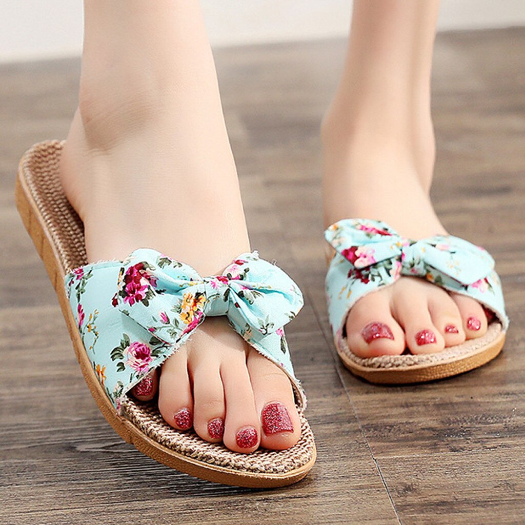 38 # Vrouwen Vlas Slippers Zomer Casual Slides Strand Schoenen Dames Indoor Linnen Slippers Bohemen Bloemen Boog Slippers Sandalen