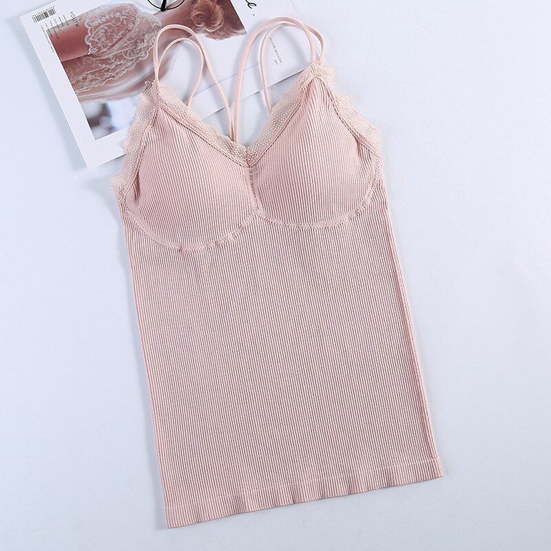 Kant Tops Vrouwen Tank Top Naadloze Tops Vrouwelijke Comfort Soft Ondergoed Top Dikke Herfst En Winter Verwijderbare Pad Hemdje: Roze