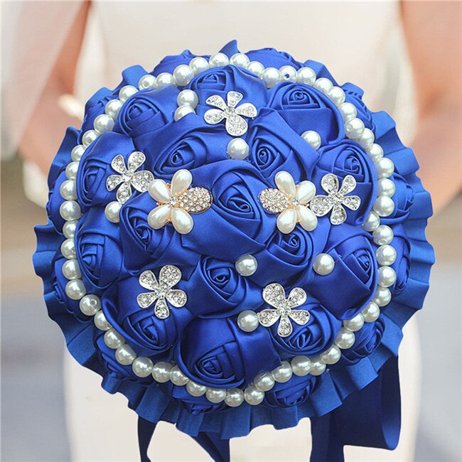 Royal blue artificial rose wedding bouquet wedding ribbon gold diamond silver diamond pearl decoration bride wedding bouquet: Style 2