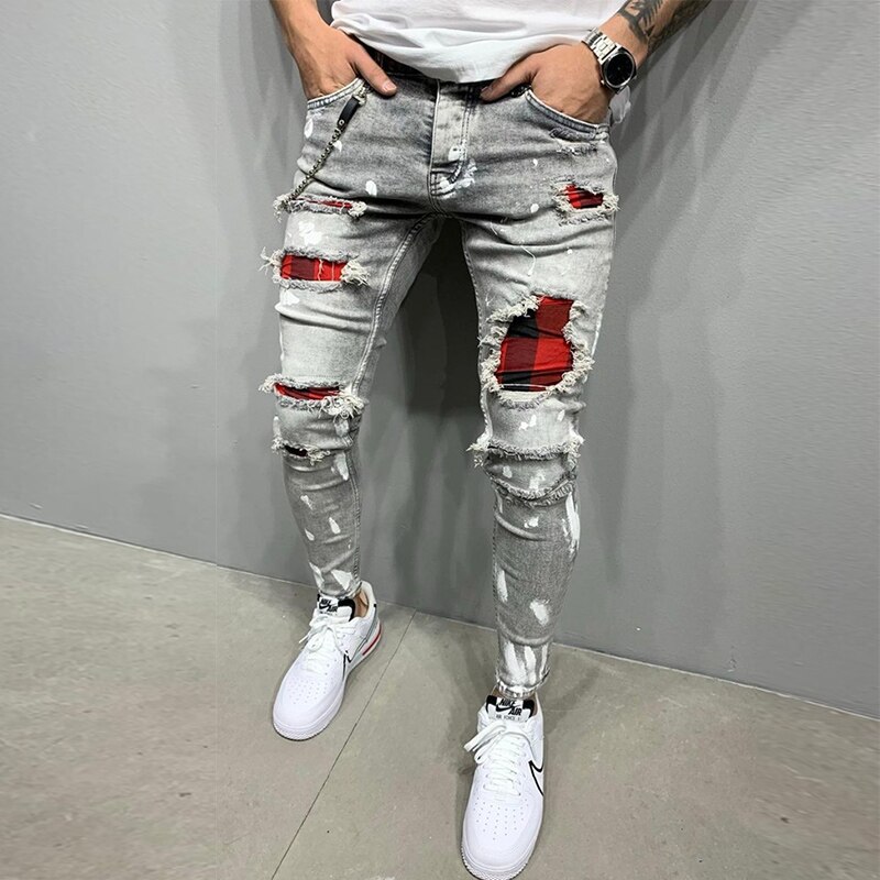 Heren Skinny Ripped Jeans Grid Bedelaar Patches Slim Fit Stretch Casual Denim Potlood Broek Schilderen Jogging Broek