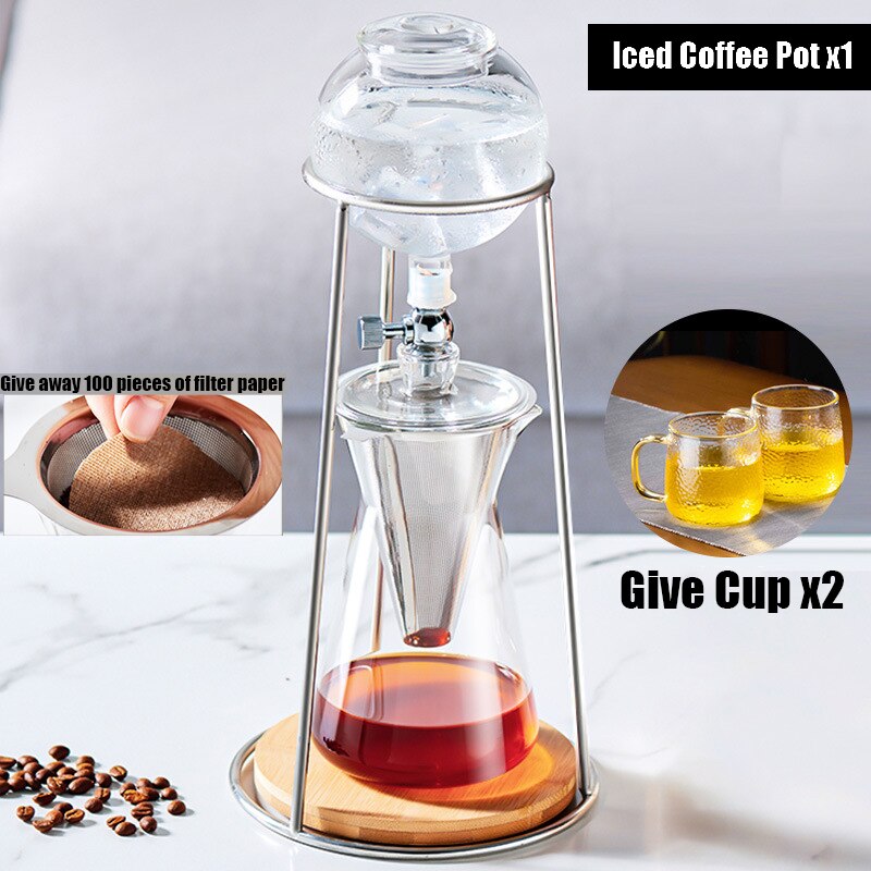 Iced Coffee Pot Water Drip Coffee Machine Reusable Glass Dripper Filter Cold Brew Pot Drip Espresso Coffee Drip Pot Filter Tools: With Cup x2