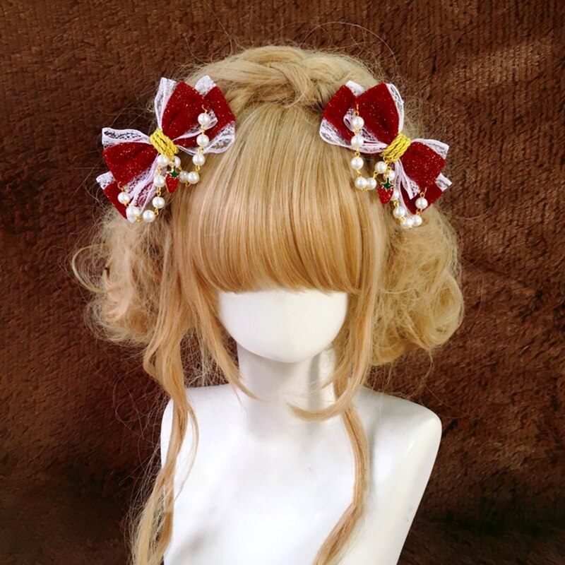Lolita-Pinza para el pelo para niña, accesorio para el pelo con lazo rojo y Perla, doble cola de caballo, sombreros dulces, accesorios de Cosplay, pasadores de Kawaii para 101A