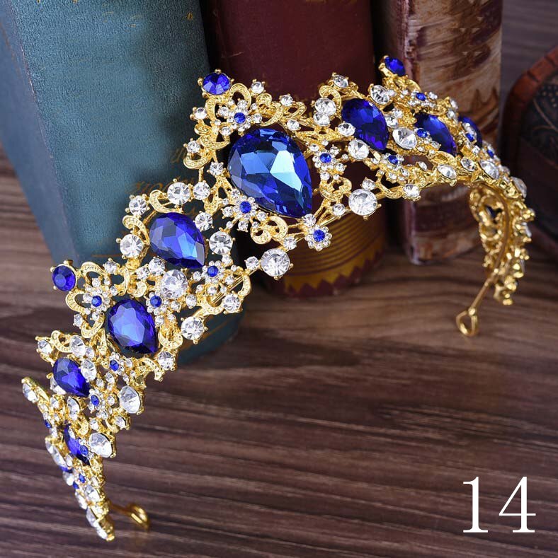 Baroque Luxury Handmade Rhinestone Bridal blue Crystal Big Crown Tiaras Diadem for Bride Headbands Wedding Hair Accessories: 14