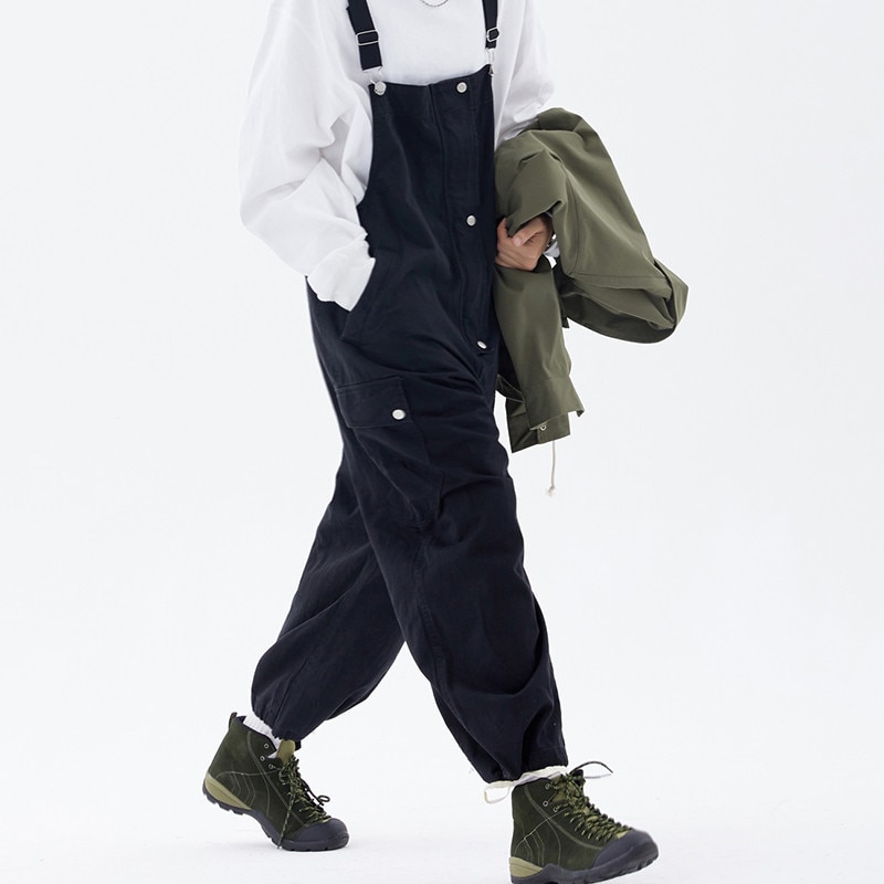 Estilo Safari. Mono de Babero con bolsillos para hombre, ropa de calle, monos holgados, pantalones de trabajo con pechera de pierna ancha de Color sólido
