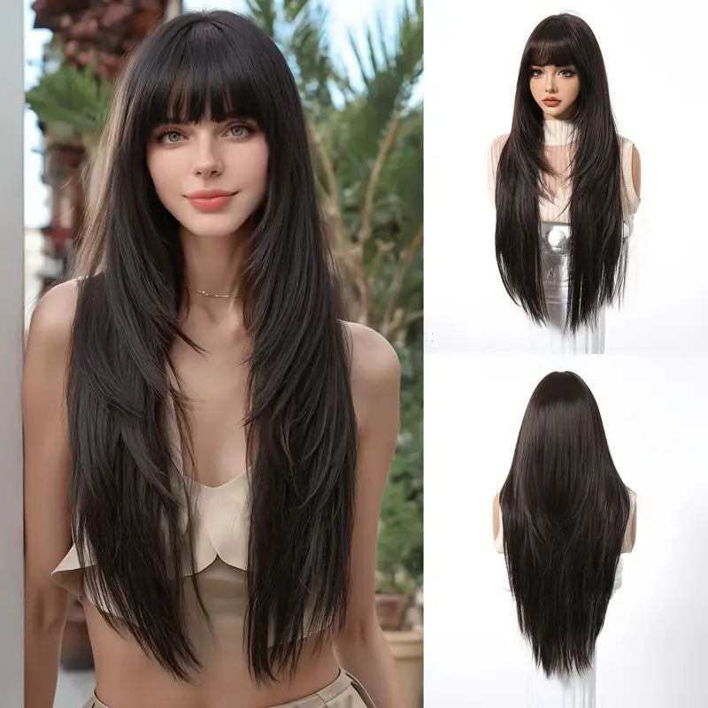 Lange gerade dunkelbraune synthetische Perücken mit Pony, seidige geschichtete Perücken für Frauen, täglicher Partygebrauch, Naturhaar-Perücke, hitzebeständig: blond