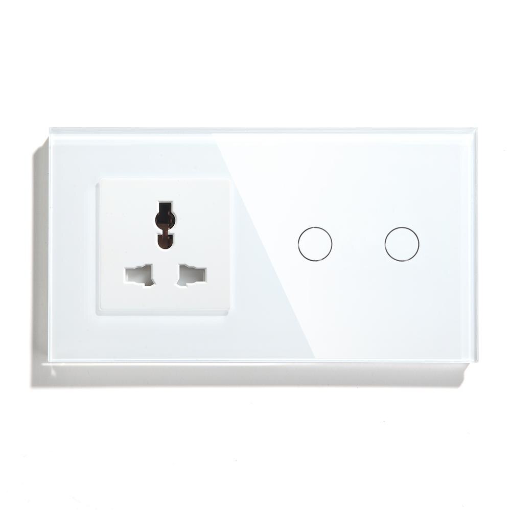BSEED EU Touch Switch 2 Gang 1 Way 2 Way Wall Switch 157mm With Multifunction Socket Crystal Glass Panel White Black Gloden: White Wall Socket / 2 Gang  1 Way