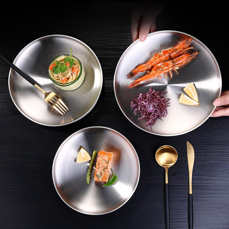 Kitchen Stainless Steel Western Steak Plate Household Dinner Salad Cake Dessert Round Plates Dishes Tableware Dish Disc Trays