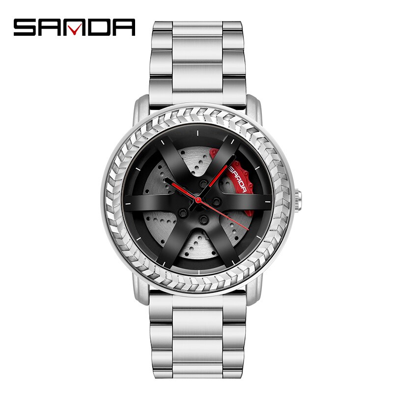 Sanda herenhorloge waterdicht autowiel wijzerplaat horloges roestvrij kwarts polshorloge relogio masculino: Staal zilver