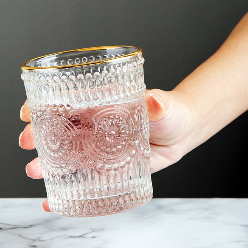 Sense of Weight 250-380ml Vintage Embossed Wine Cup Ins Whiskey Vodka Sun Flower Stemless Golden Mouth Ice Coffee Bar Drinkware