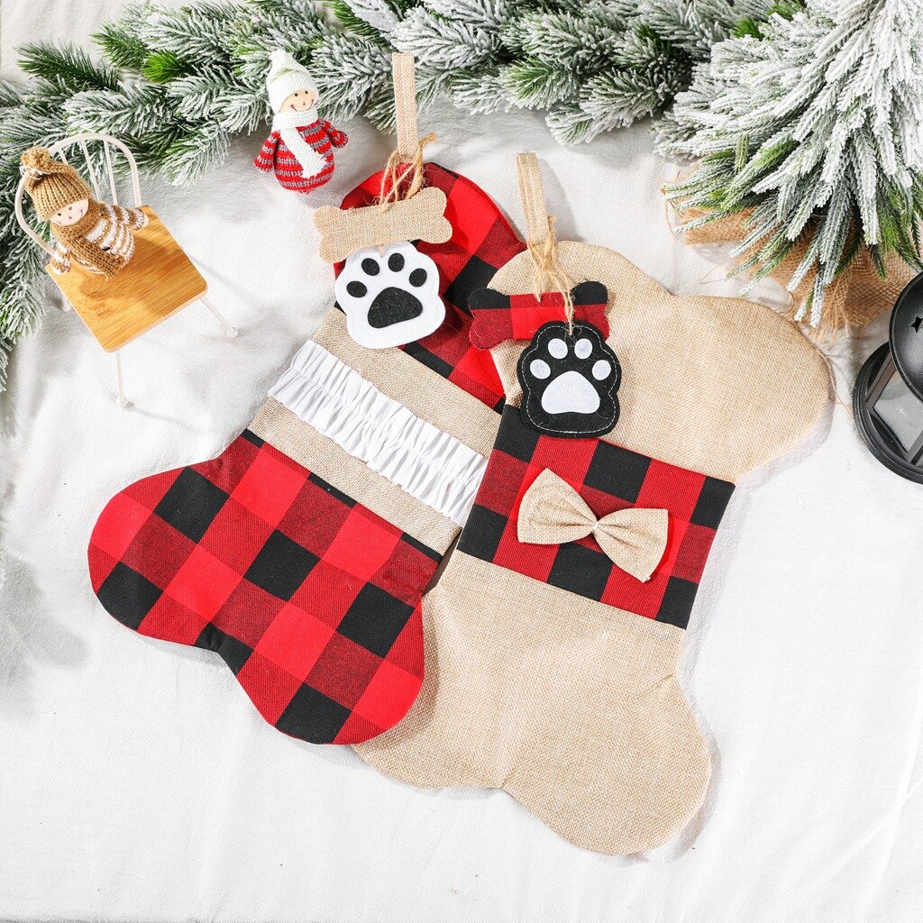 Plaid Kerstsok Opknoping Puppy Pet Hond Botten Thuis Decor Kous Met Grote Poot Voor Xmas Decoraties Kerst Bag