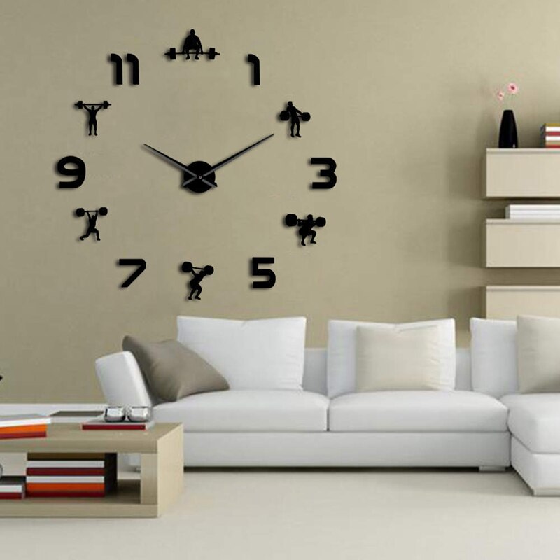 Large DIY Wall Clock Wall Watch Mirror Effect Powerlifting Frameless Wall Clock Weightlifting Fitnes Room Wall Decor
