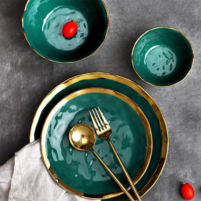 Ceramic Dark Green Glaze Dinner Plates Bone China Dinnerware Dessert Salad Serving Plate Rice Soup Bowls Kitchen Tableware