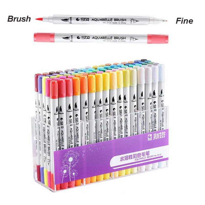 2 stk penselpenner med to spisser 0.4 fine liners pensel highlighter maling vannfarge penn 112