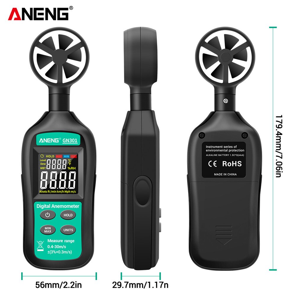 Aneng GN301 Digitale Anemometer 0-30 M/s Wind Meter -10 ~ 45C Temperatuur Tester Anemometro Met Lcd backlight Display