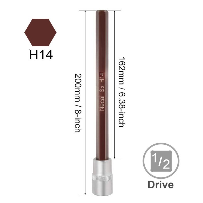 1/2" Drive x 4mm 5mm 6mm 8mm 10mm 12mm 14mm Hex Bit Socket, 200mm Long Metric, S2 &amp; Cr-V Steel: 200LxH14