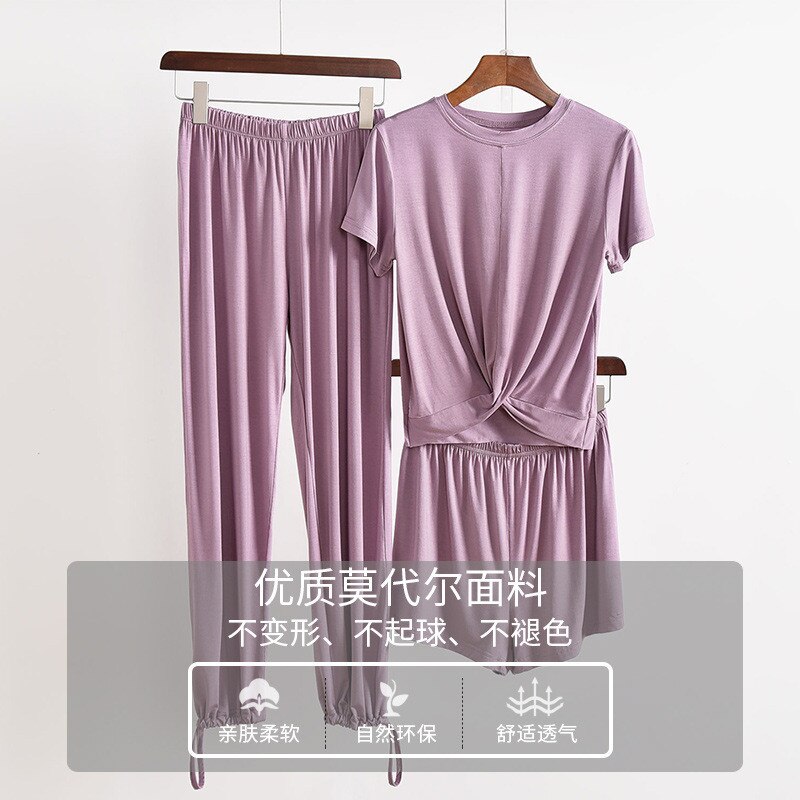 Høst modal hjemmeklær for kvinner pyjamas buksesett høst t-skjorte 3 stk hjemmeklær kvinnelige pyjamas modal lounge wear hjemmedress: Lavendel / L  (53-60) kg
