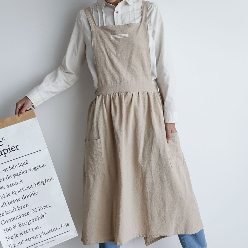 Long Pink Blue Cotton Apron Cafe Barista Restaurant Waitress Bakery Florist Uniform Cook Baking Painting Crafting Work Wear D37: Beige