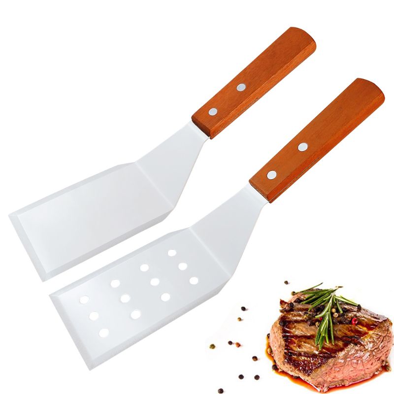 2 Stks/set Rvs Lekkende Steak Gebakken Schop Spatel Pizza Cutter Spade Houten Handvat Keuken Bakken Tools