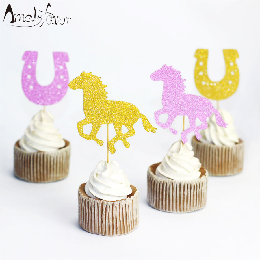 Caballo y Herradura brillo Cupcake Topper vaquera Magdalena de cumpleaños Topper vaquera de la Ducha del bebé, primer cumpleaños decoración