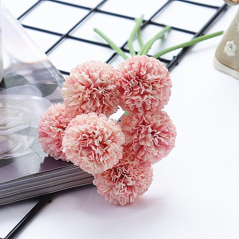 6 stk / bundt mini krysantemum blomsterkugle silke kunstige blomster til bryllupsdekoration brude blomster: Lyserød