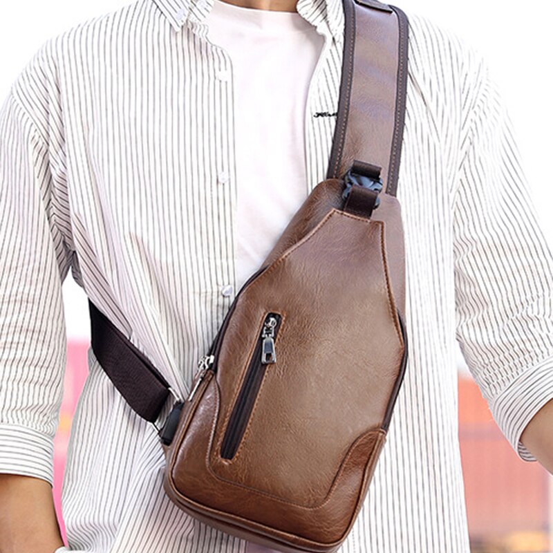 Waterproof PU Leather Chest Bag - USB Charging Port & Headphone Hole - Portable Travel Crossbody