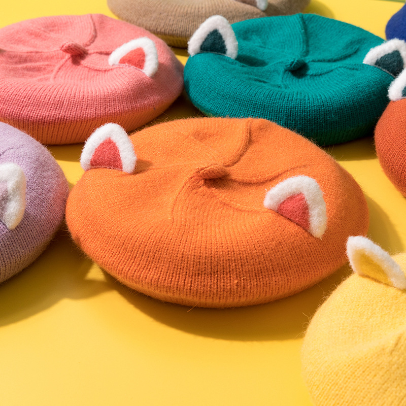 Béret de dessin animé pour enfants, chapeau tricoté avec oreilles de renard, Bonnet pour filles