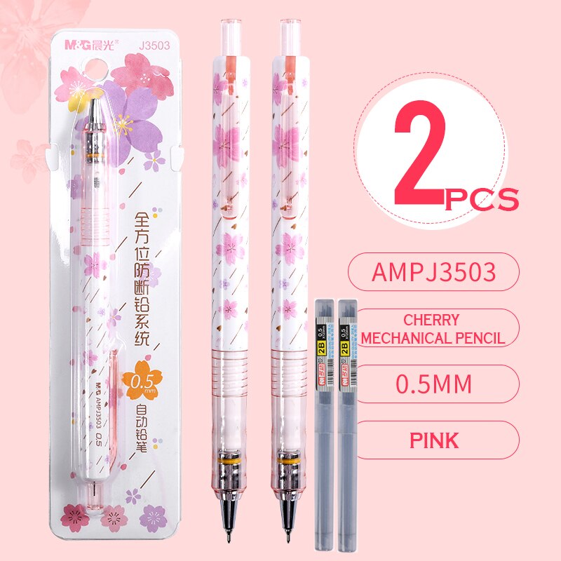 M&amp;G Sakura Mechanical Pencil 0.5mm Lead Automatic Pencils Student Drawing for school office supplies: 3503 pink 2pcs