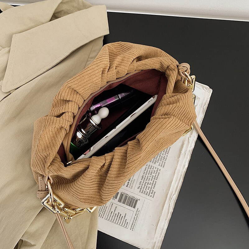 Moda sztruks gruby łańcuch kobiet torebki projektant luksusowe torby na ramię Crossbody torebki Ruched Hobos bagietki torba pani Tote