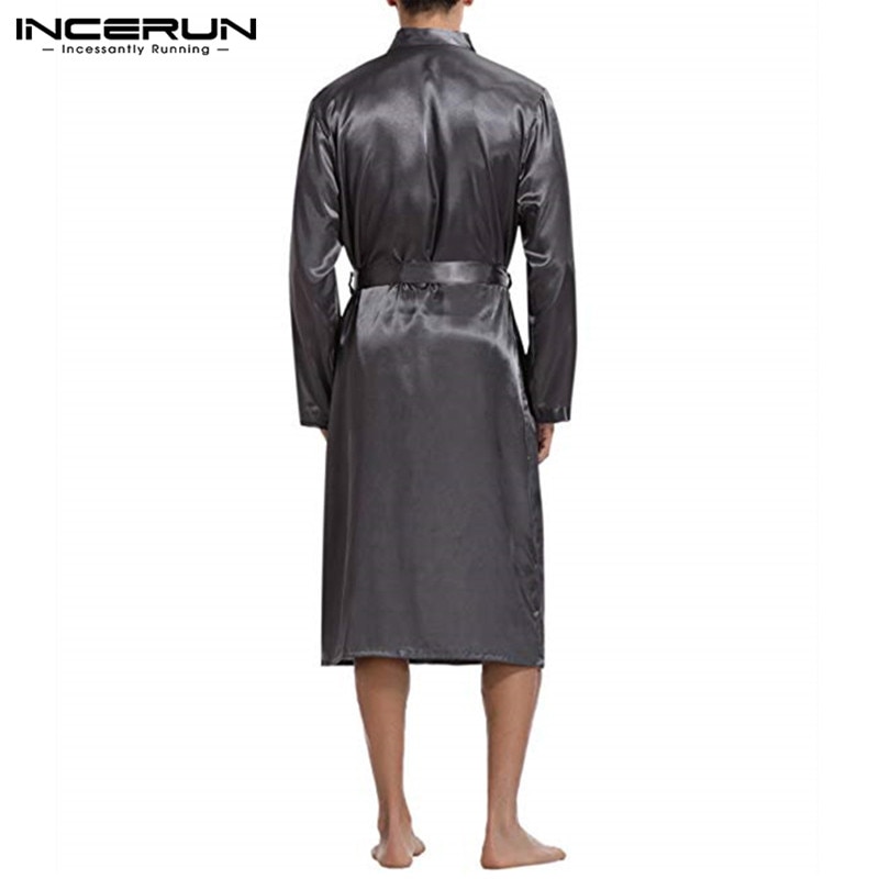 Incerun silke satin herr sovkläder morgonrock långärmad höst lång morgonrock lightwear avtagbara bältesfickor klänning pyjamas