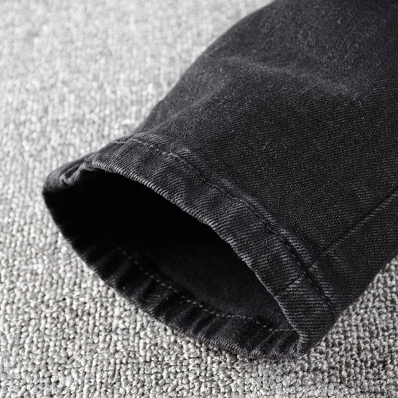 Jean en denim pour motard, plissé et patchwork déchiré, noir, streetwear, à la , pantalon en denim, à trous