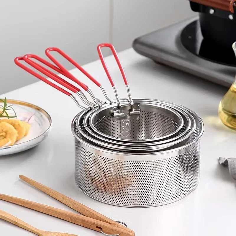 304 Rvs Koekenpan Gebakken Mand Koekenpan Filter Voedsel Vergiet Olielek Cacao Zeef Mesh Noodle Dumplings Zeef